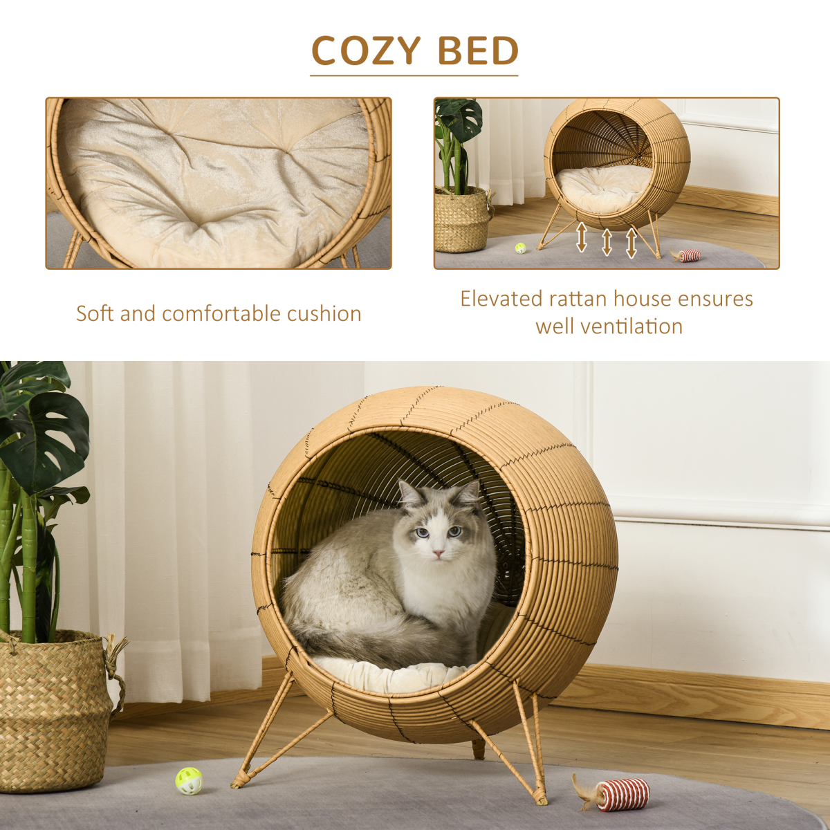 PawHut Wicker Cat Bed Elevated Rattan Kitten Basket Cozy Cave w/ Soft Cushion