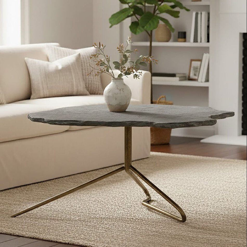 Grey Stone Top Coffee Table with Tripod Geometric Base | Rany
