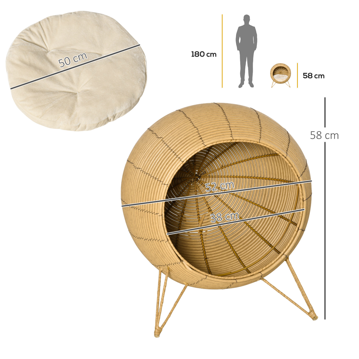 PawHut Wicker Cat Bed Elevated Rattan Kitten Basket Cozy Cave w/ Soft Cushion